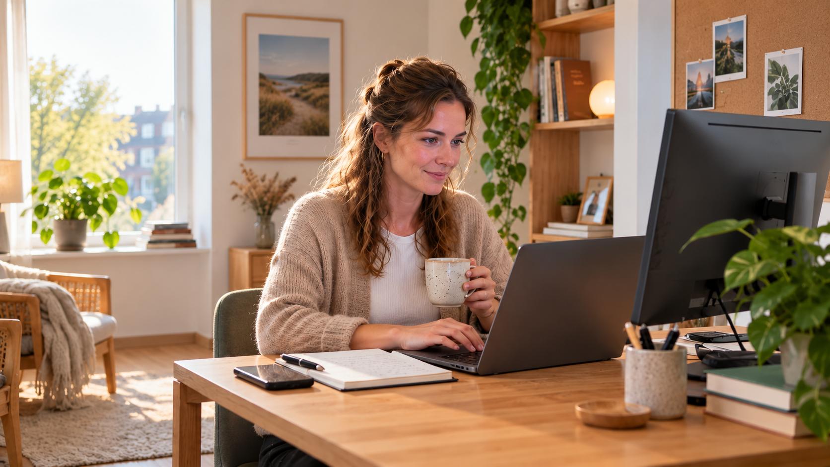 Beleidsmedewerker start haar werkdag thuis achter de laptop met een kop koffie