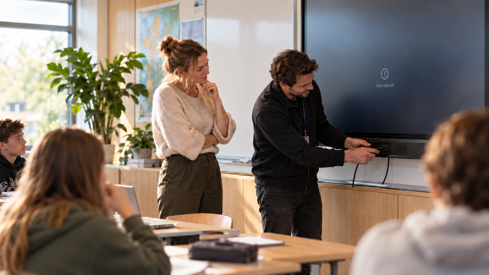 Monteur sluit tijdens de les een kabel aan op een uitgevallen digitaal schoolbord