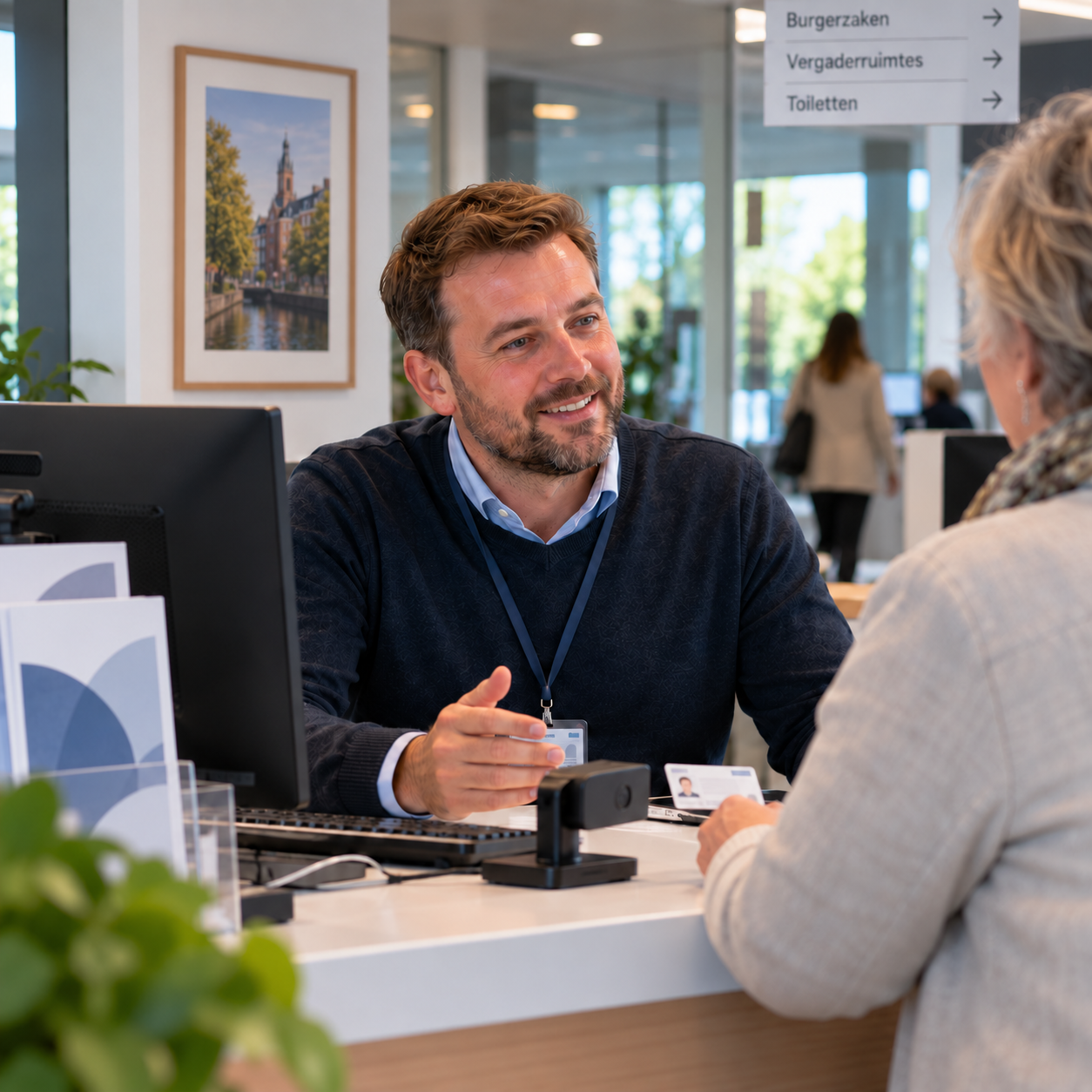 Medewerker Publieke Zaken Jurgen helpt een inwoner aan de balie