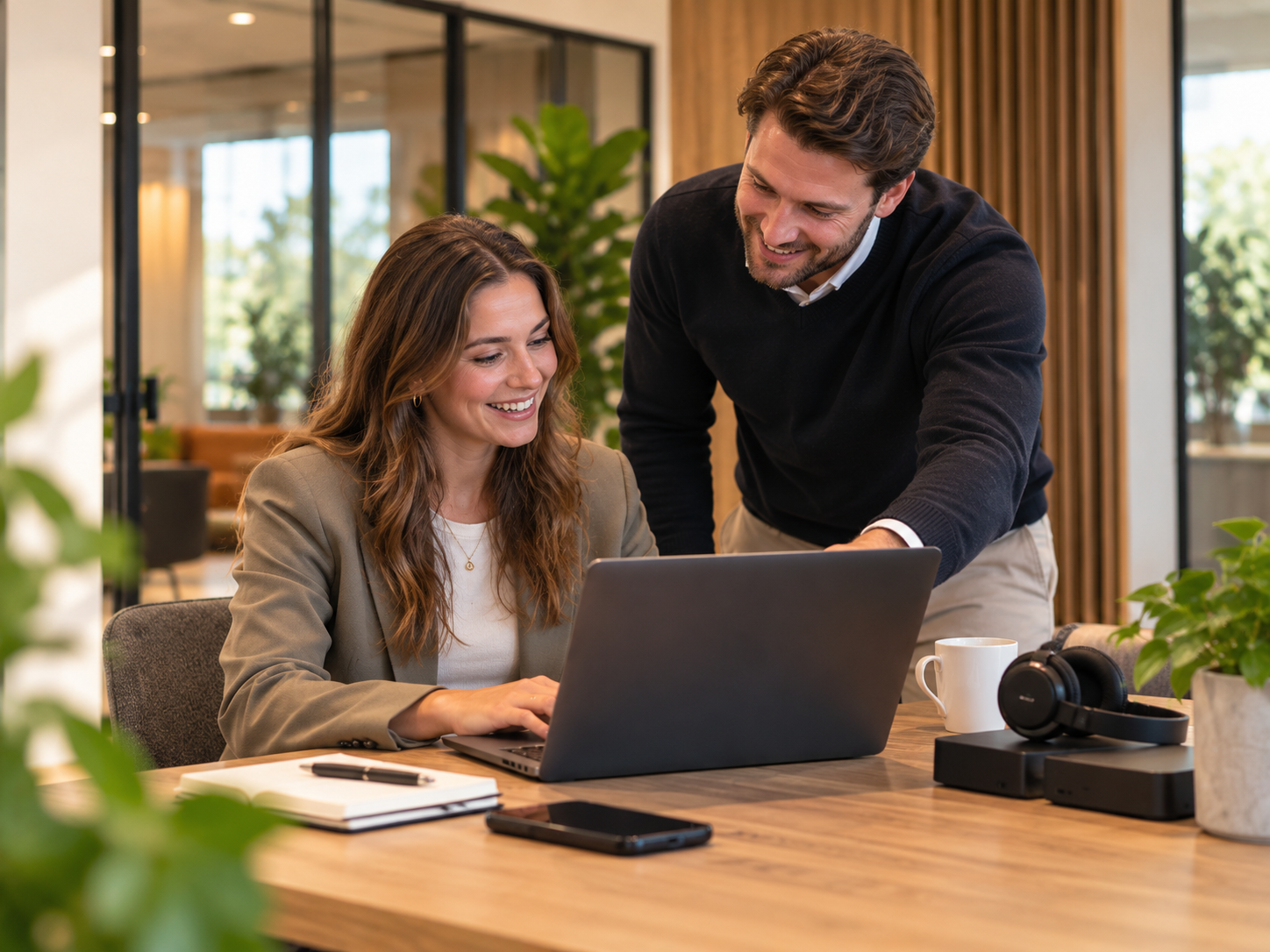 Nieuwe collega start achter haar laptop terwijl een collega haar op weg helpt