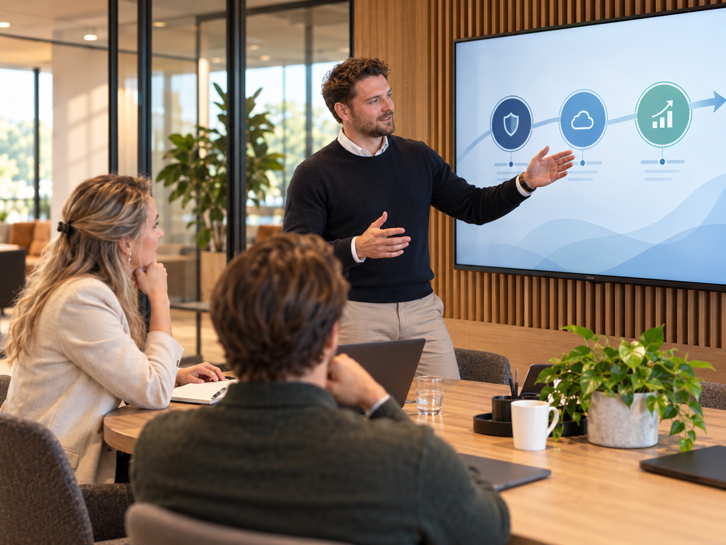 IT-manager presenteert de IT-roadmap op een groot scherm aan twee collega's