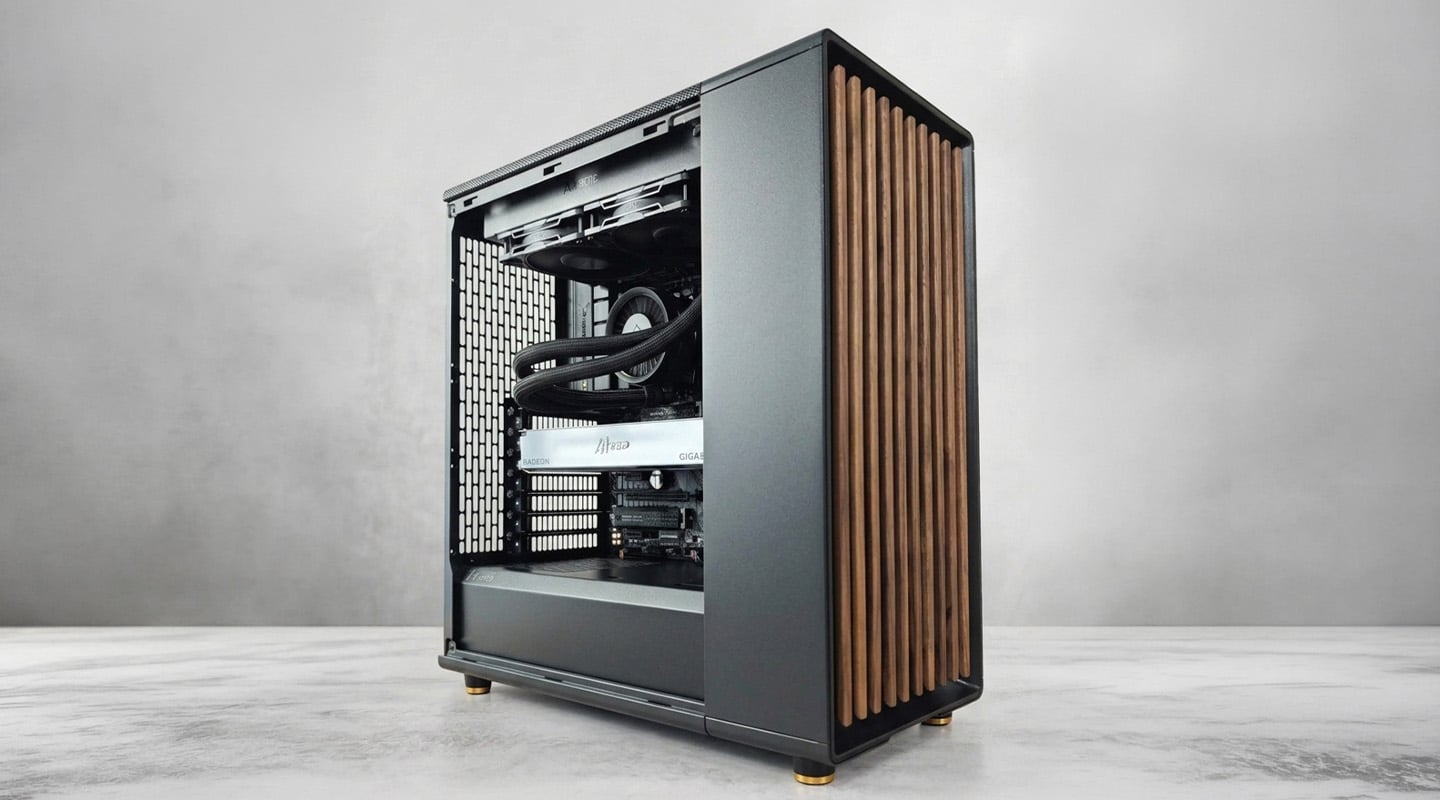 Xenith Extreme gaming-pc met houten frontpaneel en witte videokaart